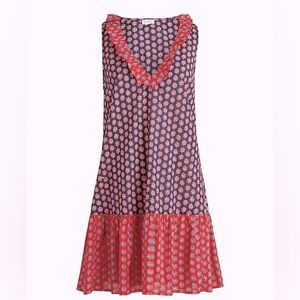 J Crew Ruffle Tiered Mini Dress Size Medium Summer Red White Blue Floral Q3